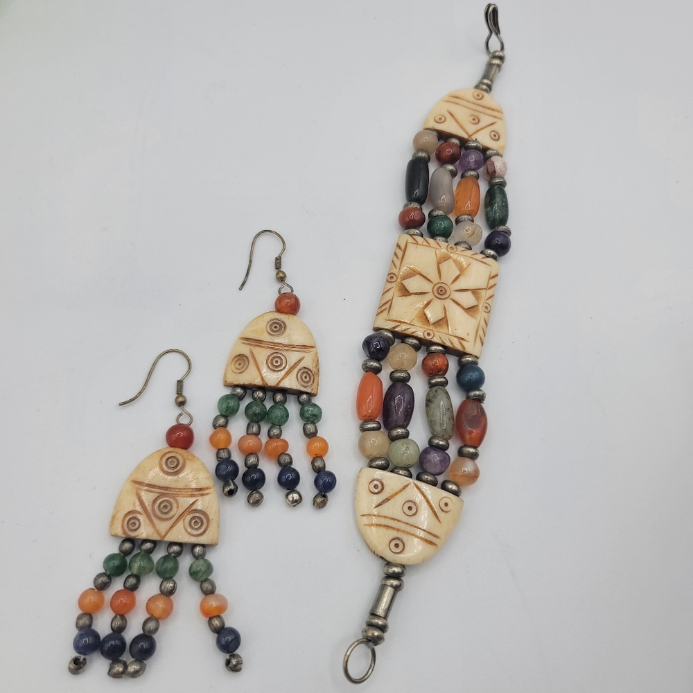 Vintage Carved Bone and Semi-precious Gemstone Bracelet and Earrings